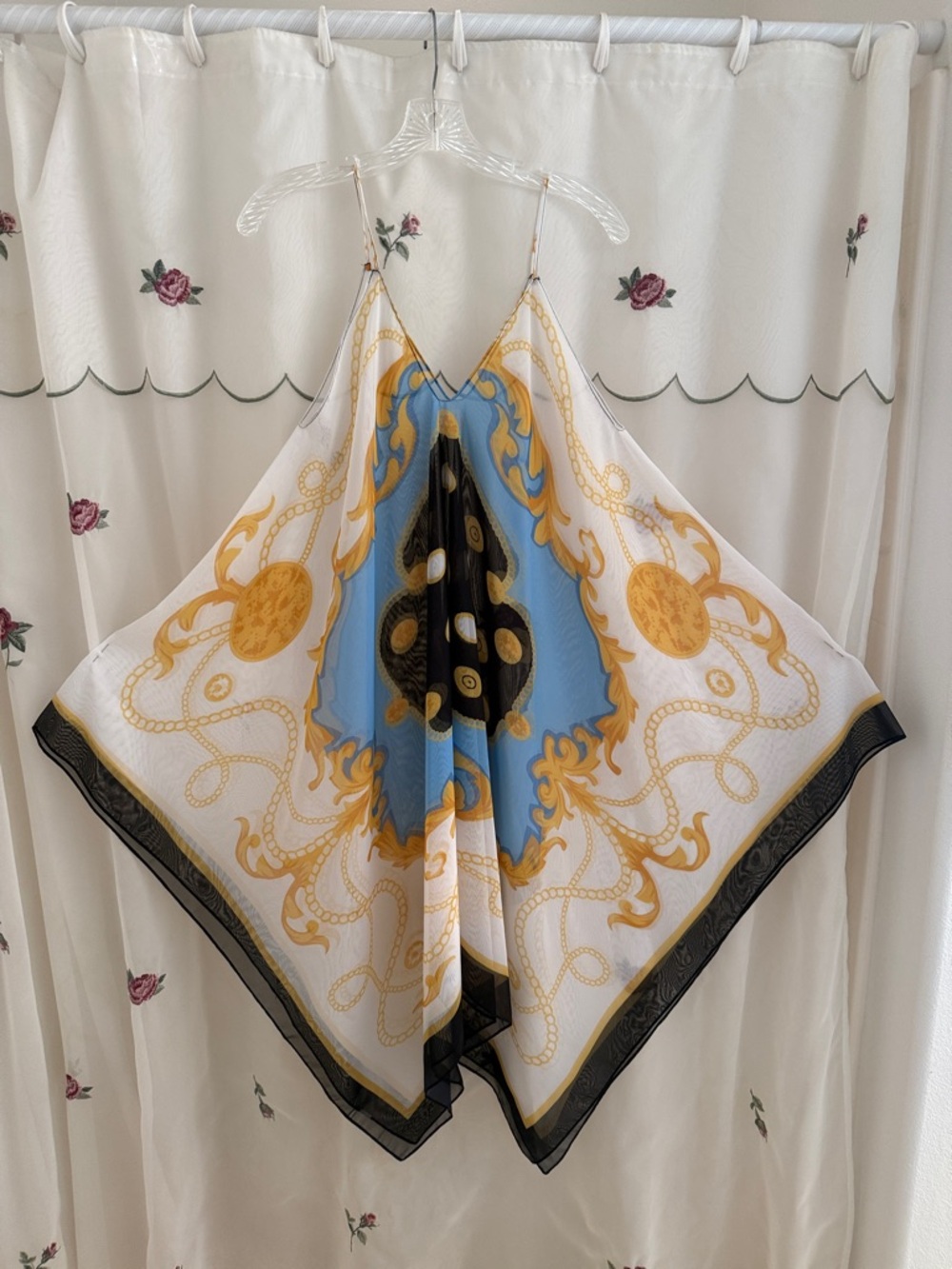 White & Gold Asymmetrical Scarf-Print Slip Dress